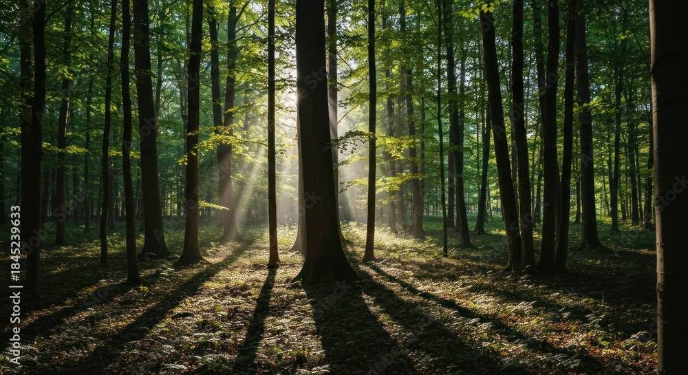 Obraz premium Sunlit rays pierce through tall trees in a lush forest, creating shadows on the ground
