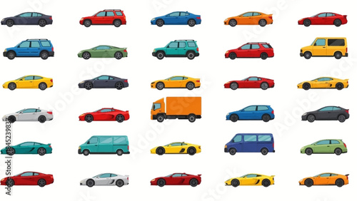 Diverse flat vector illustrations of various cars, SUVs, and a truck in profile on white.