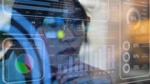 Teenage Girl Using AI Business Analytics Platform, Analyzing Stock Market Data Graphs, Gen Z Business Student Analyzing Complex Data Visualizations Powered by Artificial Intelligence