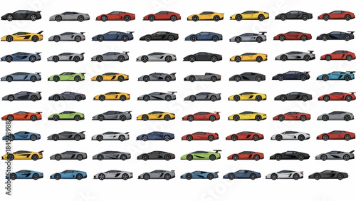 An Array of Colorful Pixel Art Performance Cars, Digitally Rendered on White