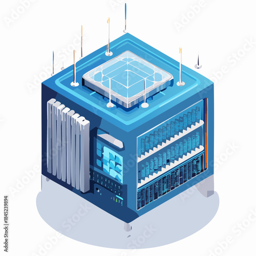 Isometric Data Center with Server Racks and Cooling System.