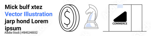 Business strategy, financial planning, investments, commerce, decision-making, trade. Features a dollar coin, a chess knight and a commerce symbol. Business strategy and financial planning concept