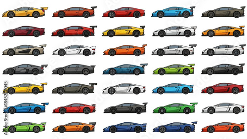 A vibrant collection of pixel art sports cars in various colors arranged in a grid pattern