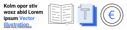 Education, publishing, financial planning, currency management, design resources, document creation. Open book, text document and euro currency icon in focus. Education and publishing