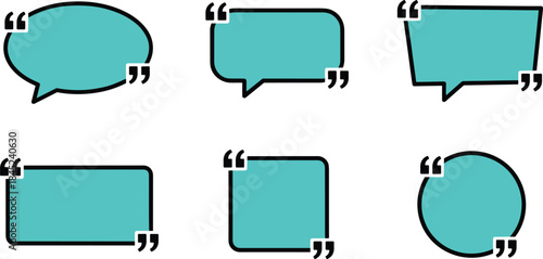 Collection of teal vector speech and quote bubbles with bold quotation marks, offering various shapes for testimonials, communication, and important text display.