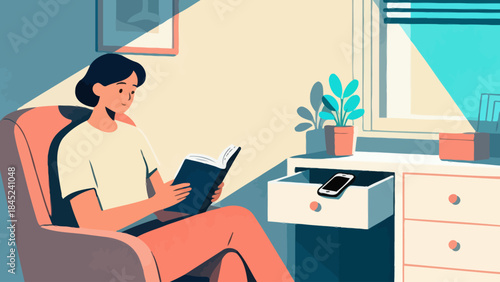Woman Reading Book at Home Illustration