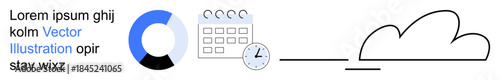 Data organization, cloud computing, scheduling, time tracking, analytics, digital workflow. Elements include pie chart, clock calendar and cloud icon. Cloud computing and scheduling concept