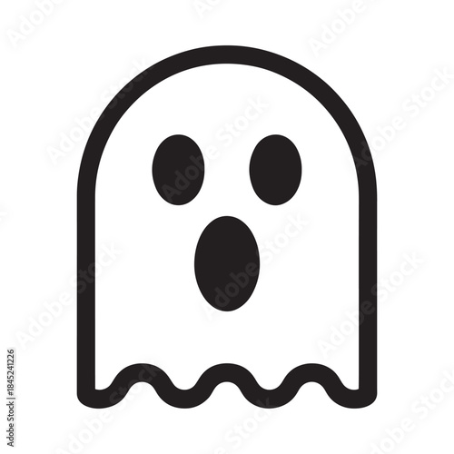 Simple black and white outline of a classic cartoon ghost with surprised expression