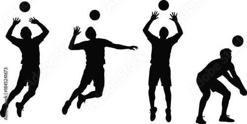 Volleyball player silhouettes set, jumping and serving action poses, athletic sports movement, black white vector illustration collection