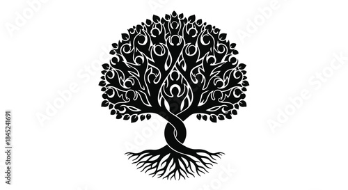 Intricate black tree of life illustration with swirling branches and deep roots