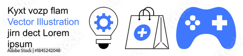 Innovation, healthcare, e-commerce, technology, gaming, medical tools. Light bulb with gear, shopping bag with cross blue game controller with cross. Innovation and healthcare in a simple design