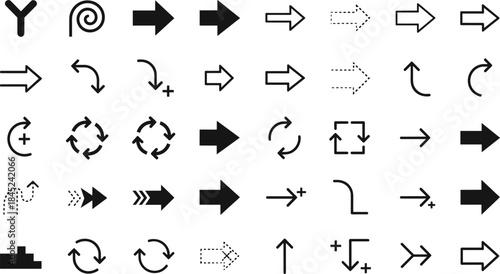 Extensive vector icon collection of black arrows, refresh symbols, dotted movement paths, and simple action indicators for modern website and mobile application design.