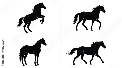 Four black silhouettes of horses in various poses a graphic collection
