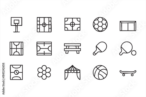 Outdoor Sports Court and Equipment Icons in Clean Line Style
