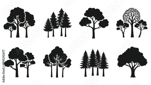 Collection of diverse tree silhouettes in a black and white graphic style
