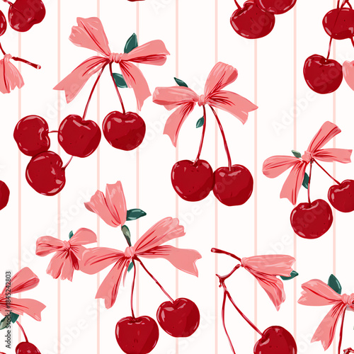 Bright and cheerful cherry pattern featuring vibrant red cherries adorned with pink bows, set against striped background. This design evokes playful and fresh atmosphere