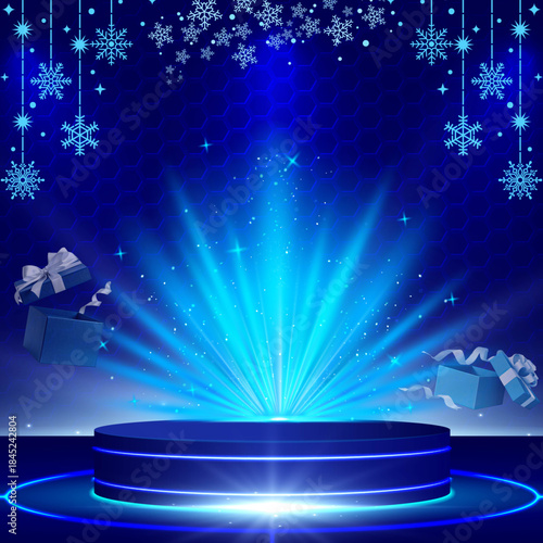 Modern-style product display stand with a blue background, gift boxes, discount cards. Flash sale event, big sale offer, poster labels.