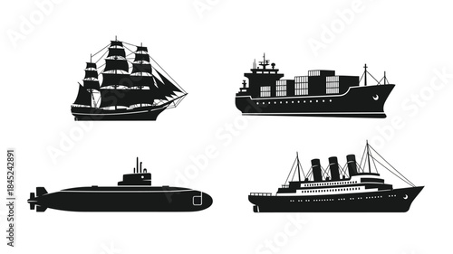 A collection of vector silhouettes depicting various types of seafaring vessels