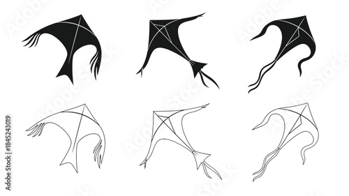 A collection of black and white kite illustrations in varying designs