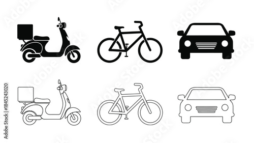 Simple black and white illustrations of transportation vehicles scooter bicycle and car