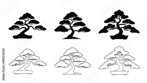 Three bonsai trees in differing styles outlined and solid black forms