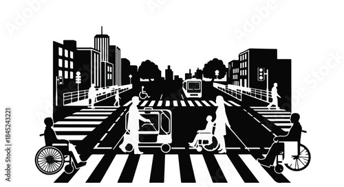 Diverse individuals with disabilities navigate a busy city street with accessibility features.