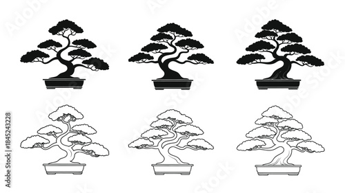 Three black and three white bonsai tree illustrations on a plain background