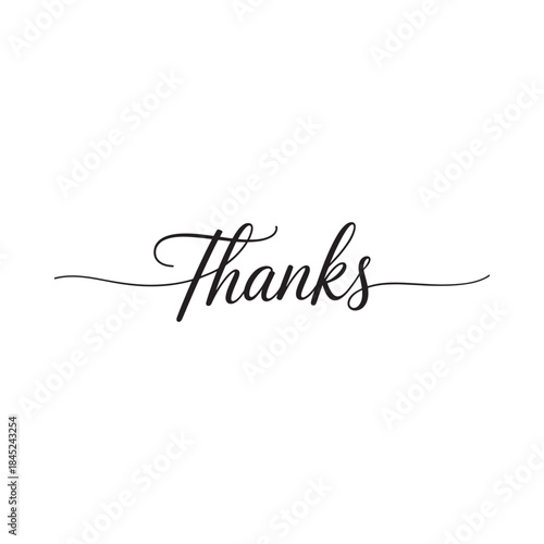 Elegant calligraphy displaying the word thanks on a simple white background