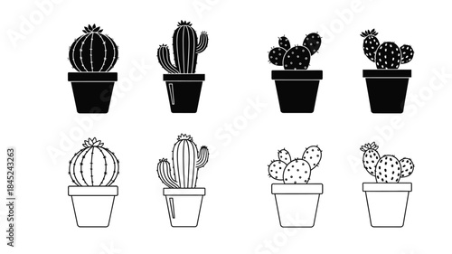 A collection of potted cacti in a simple black and white line art style