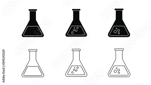 Black and white illustration depicting various laboratory beakers and flasks