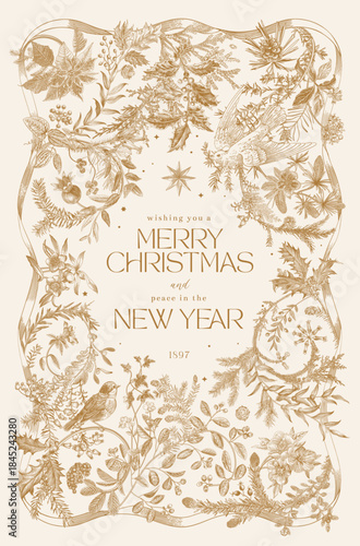 Vector illustation. Winter holidays. Botanical vintage vertical frame. Greeting card. Gold and white