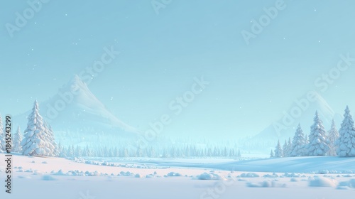 Dreamy animated winter landscape with snowy mountains and frosted pine forest