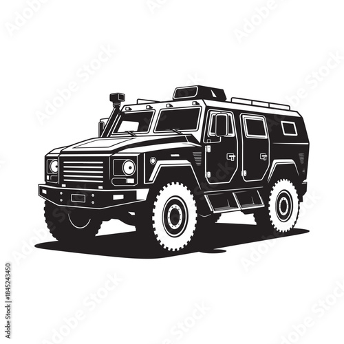 A detailed black and white illustration of a modern armored military vehicle