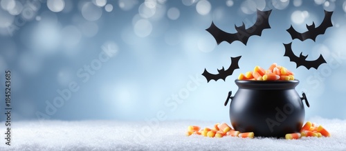Halloween cauldron with bats and candy corn.