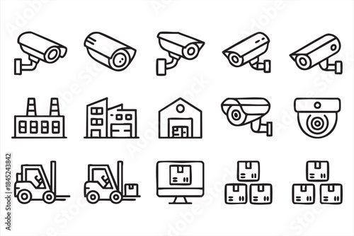 CCTV Surveillance and Factory Monitoring Icons for Supply Chain Apps