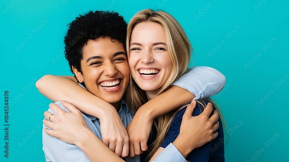 Fototapeta premium Joyful Friendship Embrace: Two diverse young women share a heartfelt hug, their faces radiating genuine happiness and camaraderie against a vibrant teal studio backdrop.