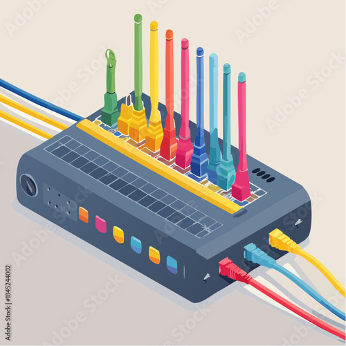 Colorful Network Router with Multiple Cables and Antennas.