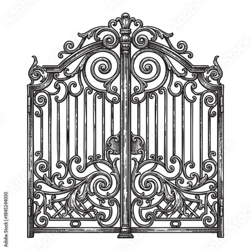 Ornate Wrought Iron Gate Vintage Engraving Illustration