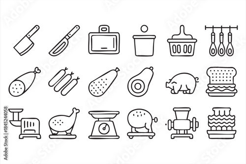 Cooking and Meat Processing Line Icons for Food Industry Apps