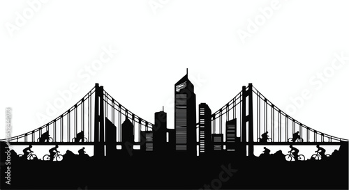 City skyline silhouette with cyclists crossing a suspension bridge at sunrise.