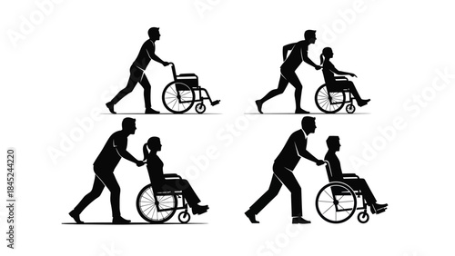 Collection of diverse silhouette icons depicting caregivers assisting individuals using wheelchairs in various dynamic poses and scenarios
