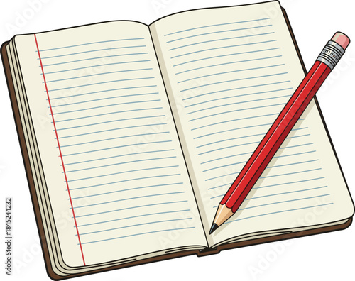 Isolated a lined notebook papers with red pencil vector art with white background..
