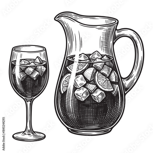 Pitcher of Cold Drink with Fruit and Ice Vintage Sketch