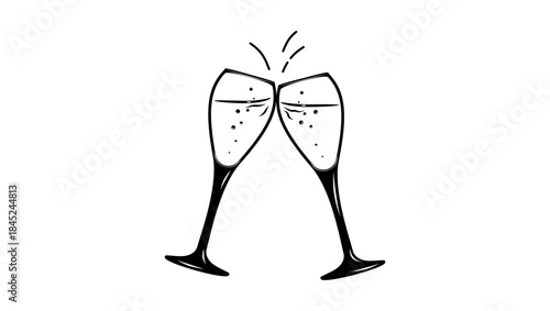 Champagne Glasses Clinking symbol, black isolated silhouette