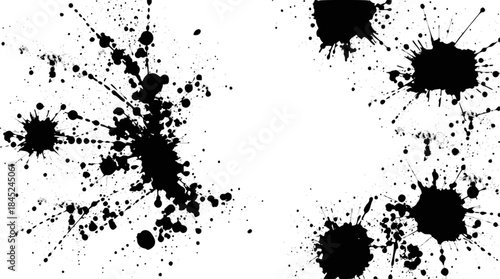 Dynamic black ink splatters and splashes on a clean white background, creating an abstract and expressive texture.