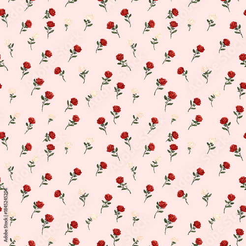 Beautiful floral pattern featuring red roses and small white flowers on soft pink background, creating charming and romantic atmosphere. Perfect for textiles and wallpapers