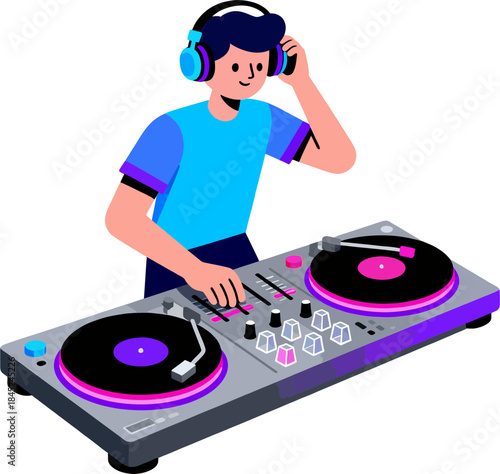 Smiling Party DJ with Headphones at Turntables, Flat Colorful Music Performance