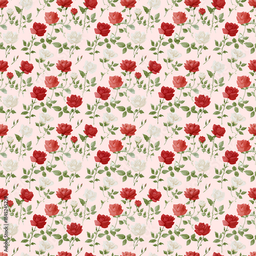 Floral pattern featuring red and white roses on soft pink background, creating romantic and elegant design. This seamless pattern is perfect for textiles, wallpapers, and home decor