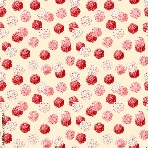 Colorful raspberry pattern featuring red and white berries on light beige background, creating vibrant and fresh design suitable for various applications