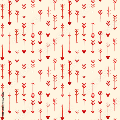 Stylish pattern featuring various red arrows and hearts on light beige background, creating playful and romantic design perfect for textiles or wallpapers